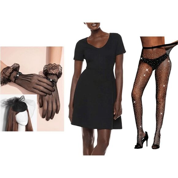🖤4PCS Halloween Black Bundle Dress & Accessories Retro 1950s Classy Costume NEW - Picture 1 of 13